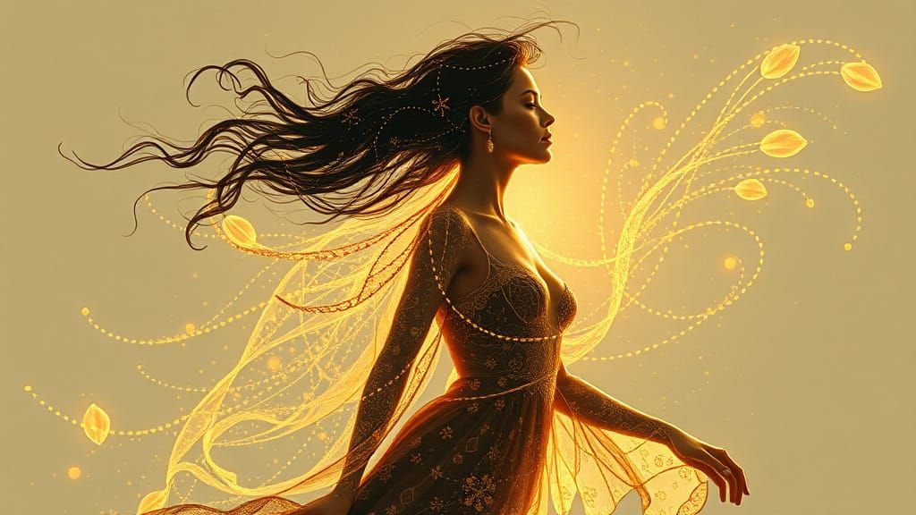 Woman Casting Shadow as Vibrant Aura in Klimt Style