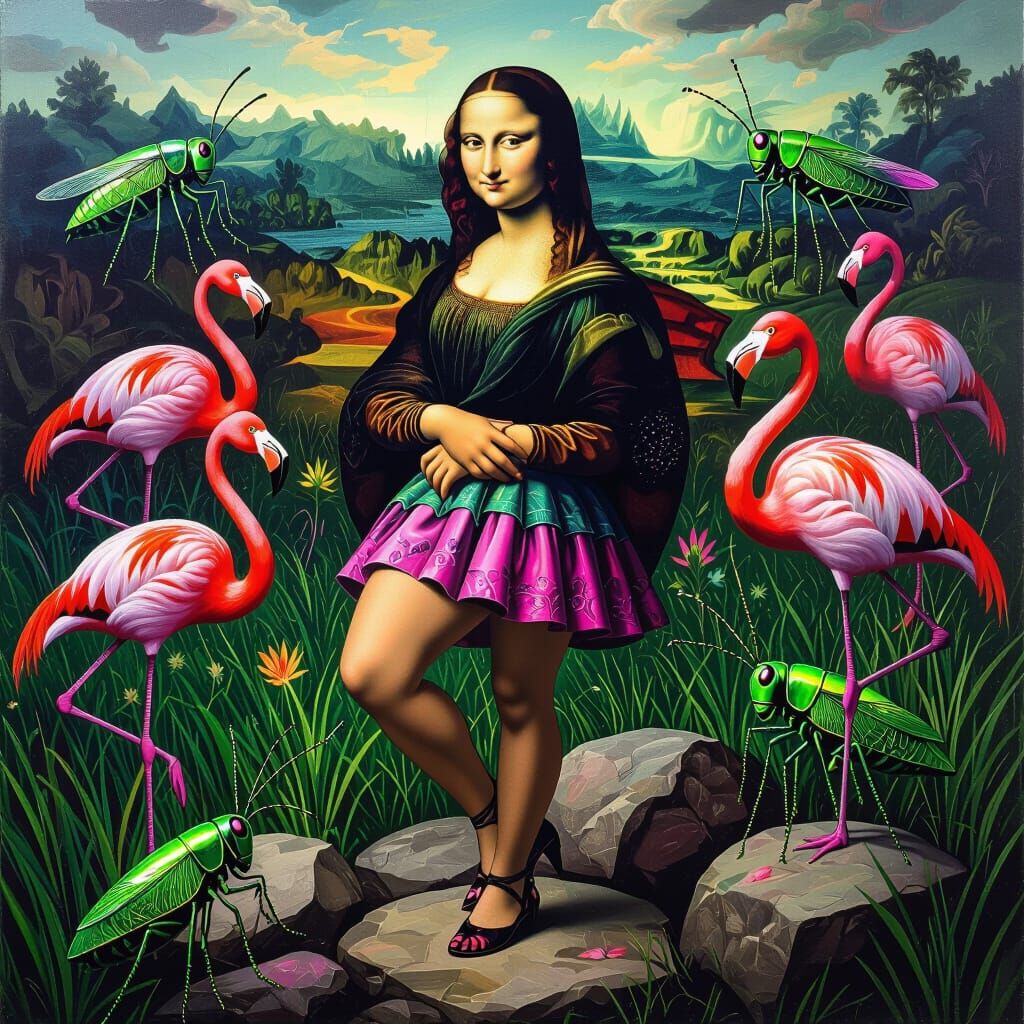 Monna Lisa in Miniskirt Amidst Surreal Flamingos and Grassho...