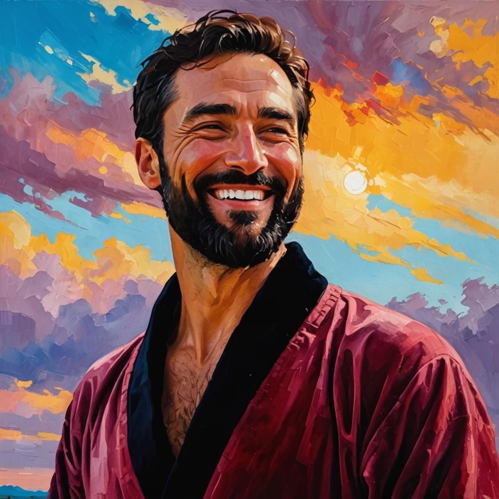 Laughing Man in Red Robe: Impressionist Impasto Painting