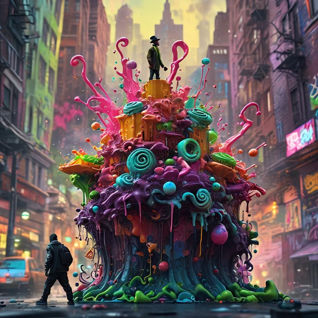 Lime Candyman in a Dreamlike Cityscape