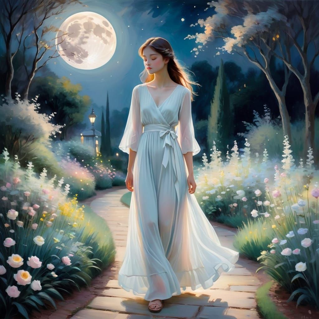 Impressionist Masterpiece: Serene Moonlit Garden