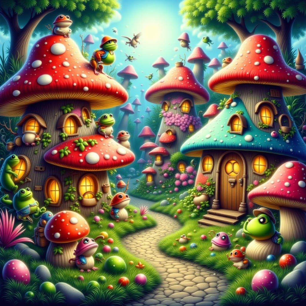 Whimsical Mushroom Village with Frogs in Storybook Style
