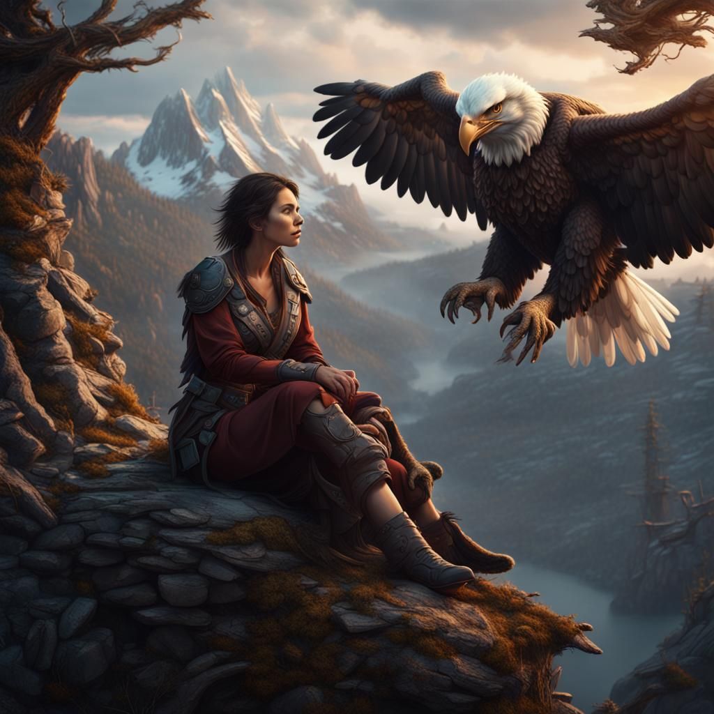 Woman and Eagle Nest on Mountain Edge