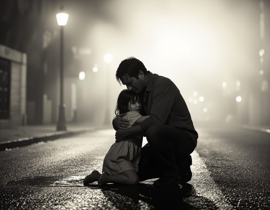 Man Weeps Holding Child in Dark, Somber Street Scene