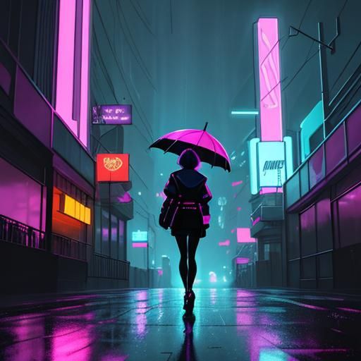 Synthwave Girl with Umbrella in Neon City