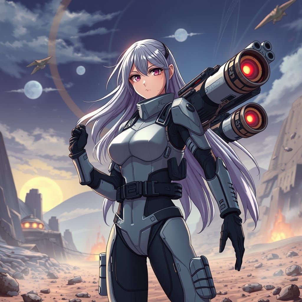 Anime Soldier on Futuristic Battlefield in Sci-Fi Style