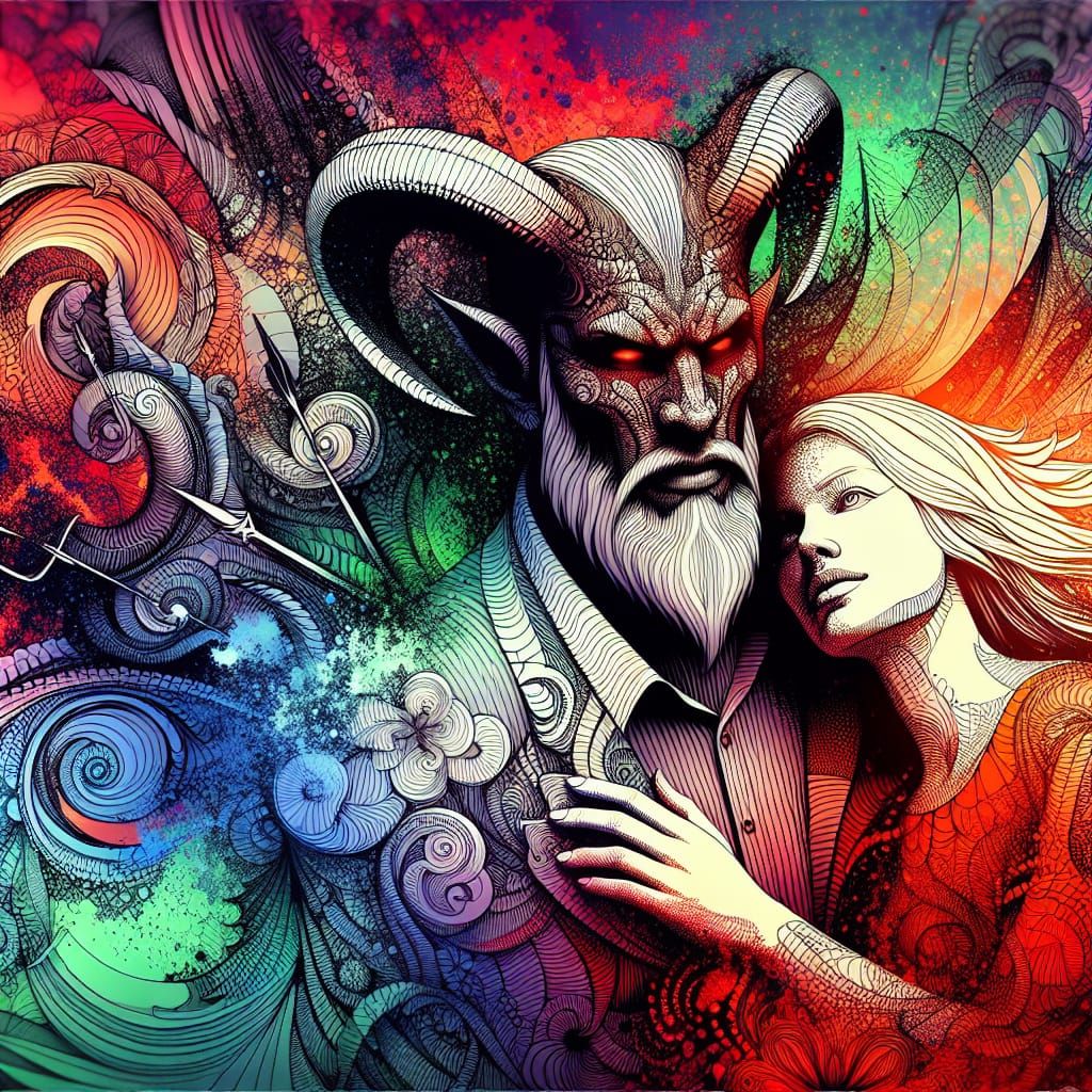 Ominous Devil Embracing Woman in Abstract Style