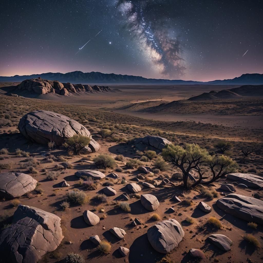 Epic Arid Steppe Landscape Under Starry Night Sky