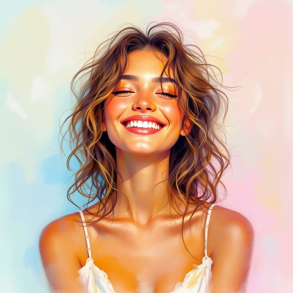 Dreamy Portrait of Smiling Woman in Whimsical Style