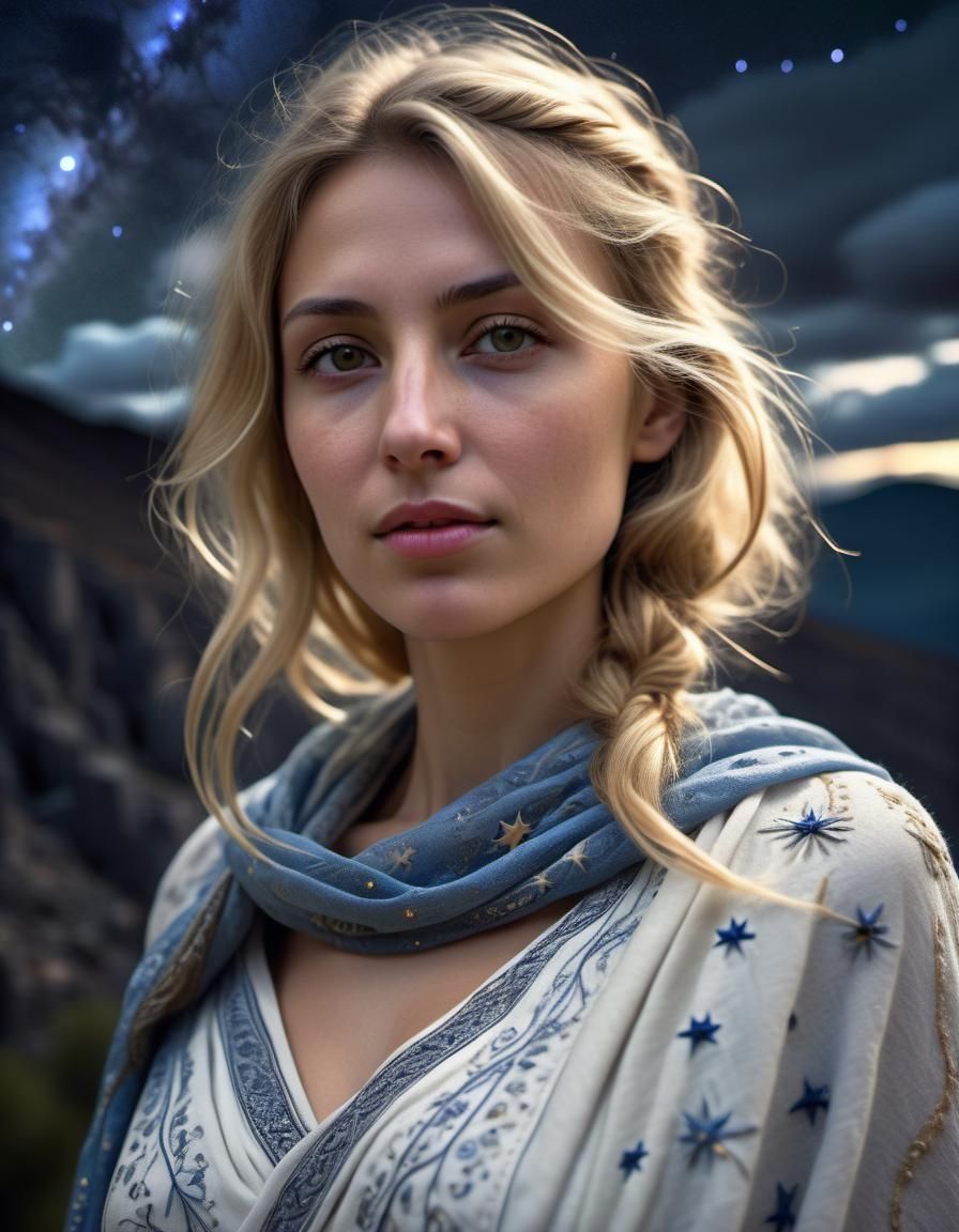 Olive-Skinned Woman in Mountains Under Starry Sky
