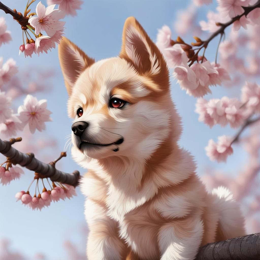 Anime Shiba Inu Puppy with Cherry Blossoms