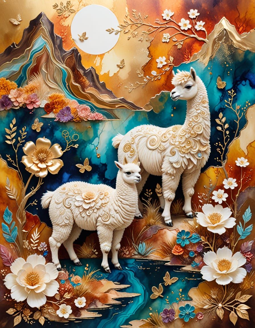 Alpaca and Duckling Explore Paper World in Surreal Ink Style