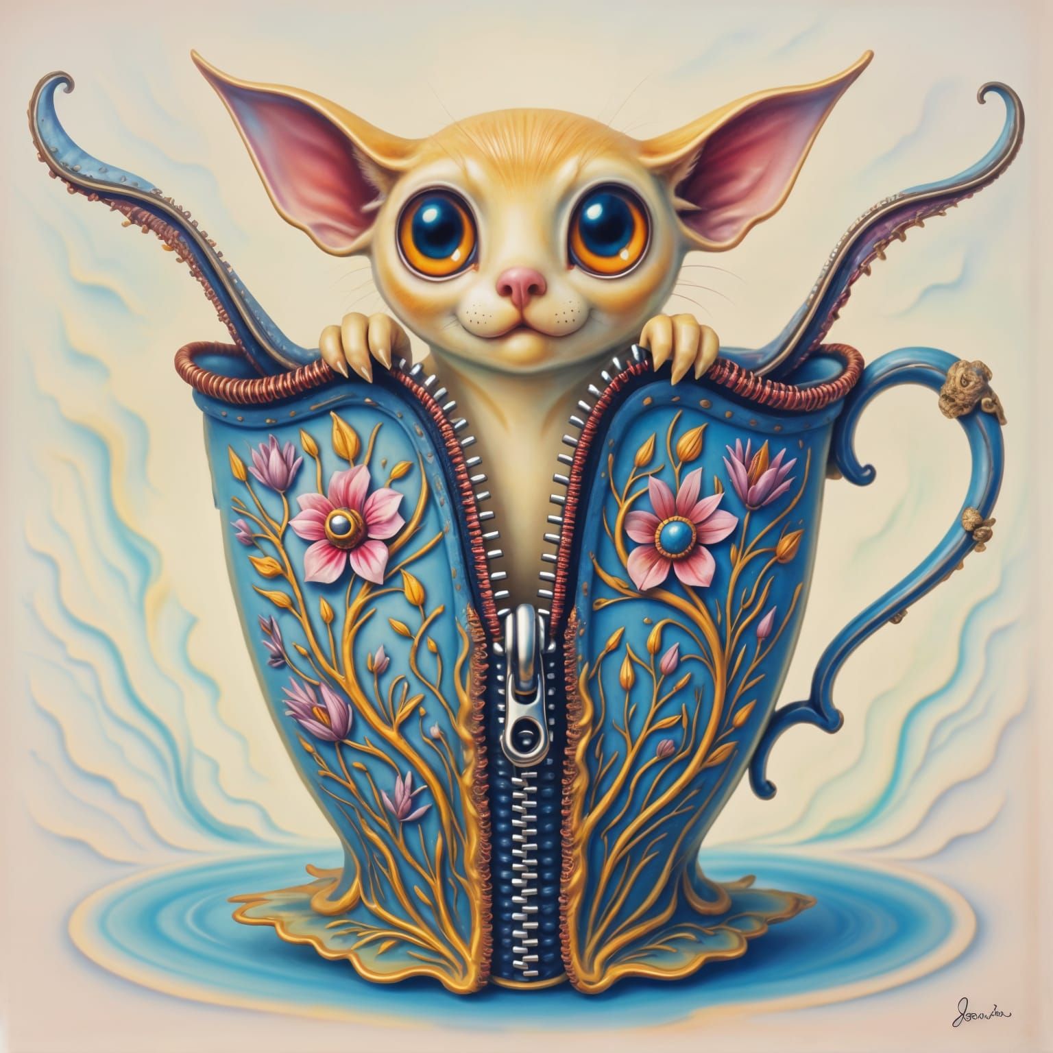 Surreal Teacup Zipper Art with Elaborate Pull
