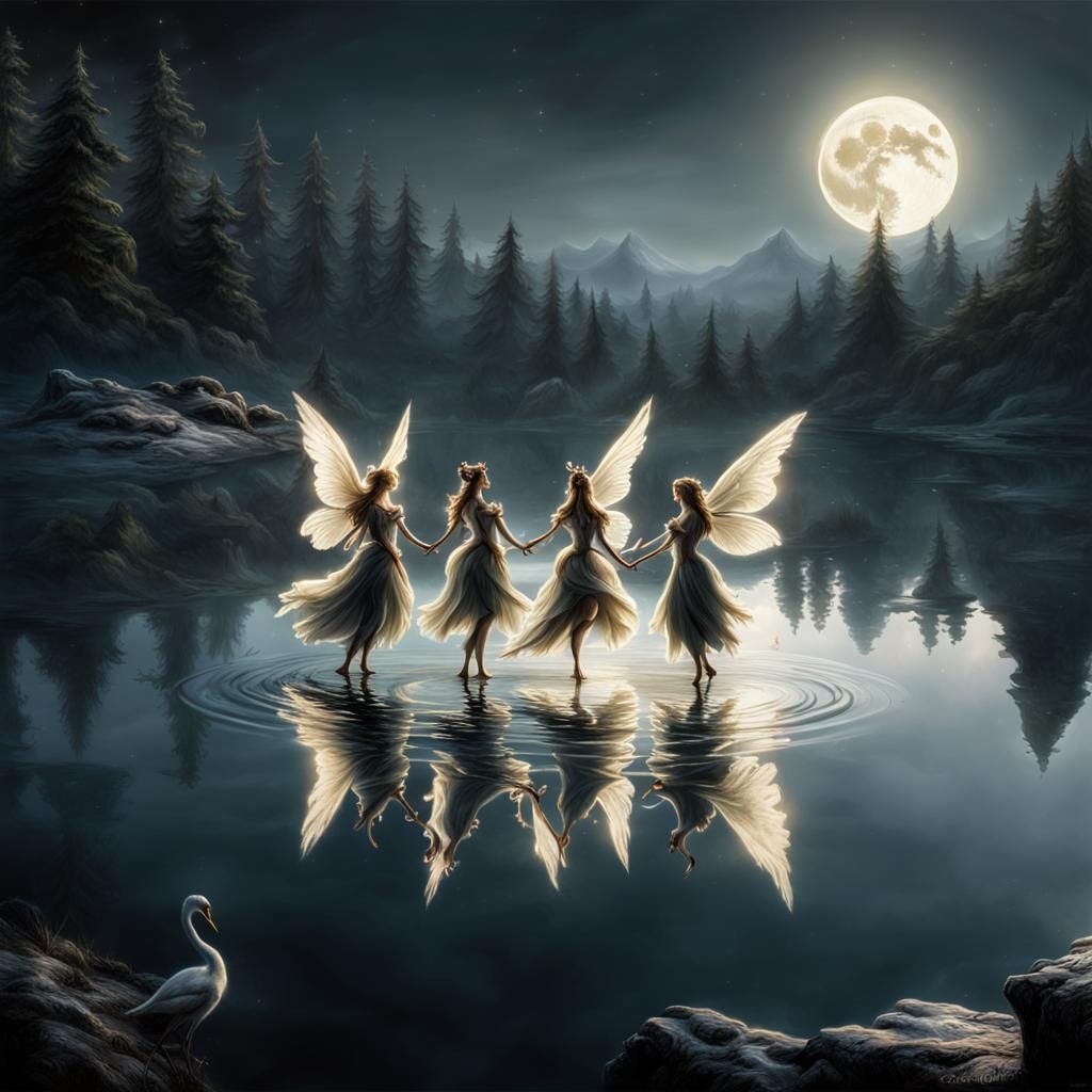 Fairies Dancing on Lake with Swans
