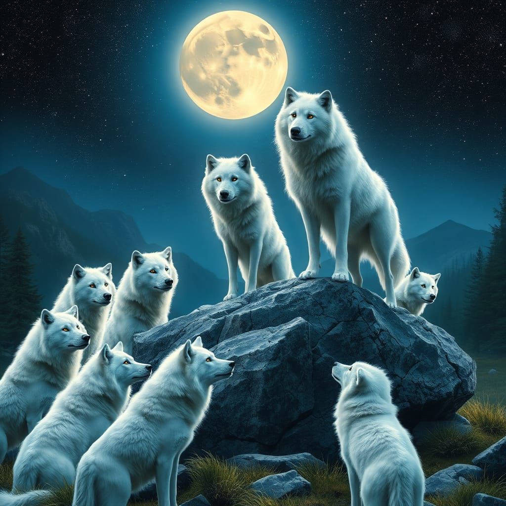 White Wolves Gaze at Alpha Pair Under Moonlight