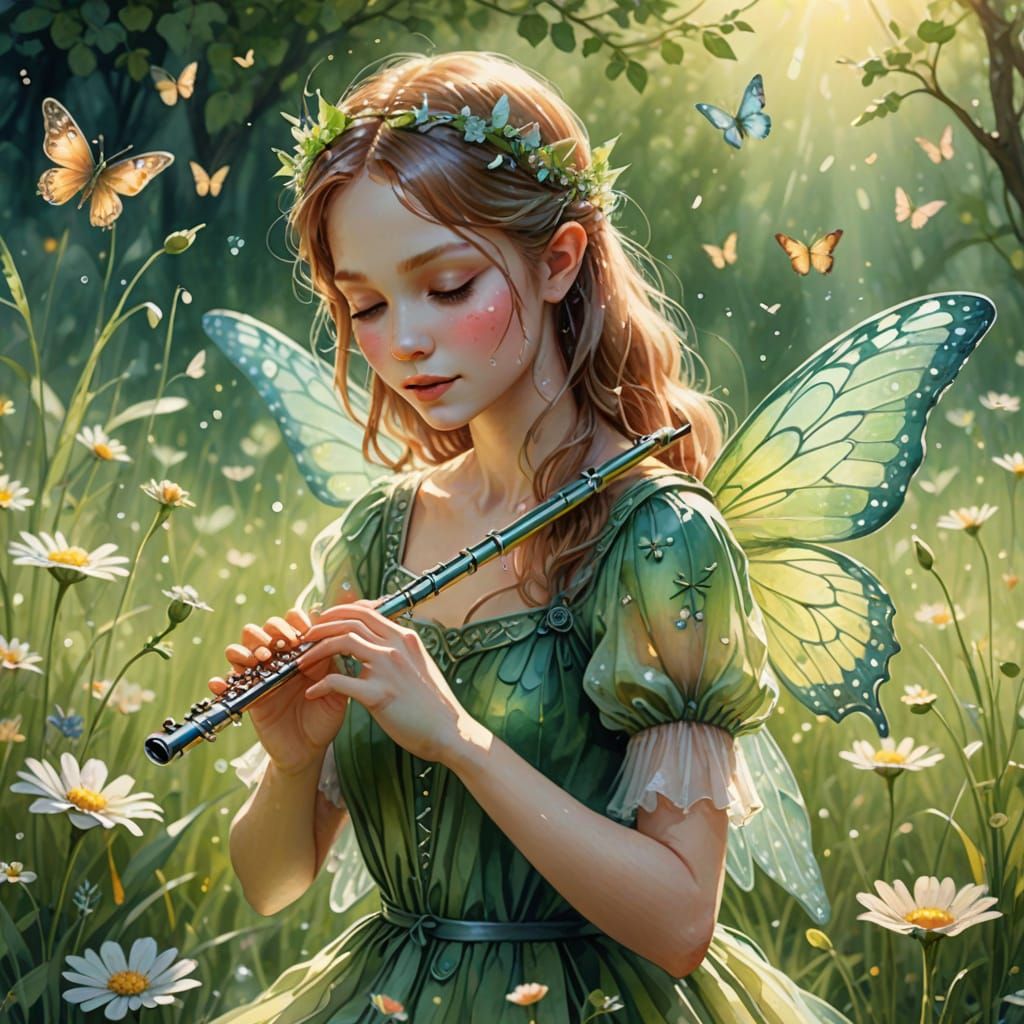 Whimsical Fairy Flute Serenade in Green Meadow