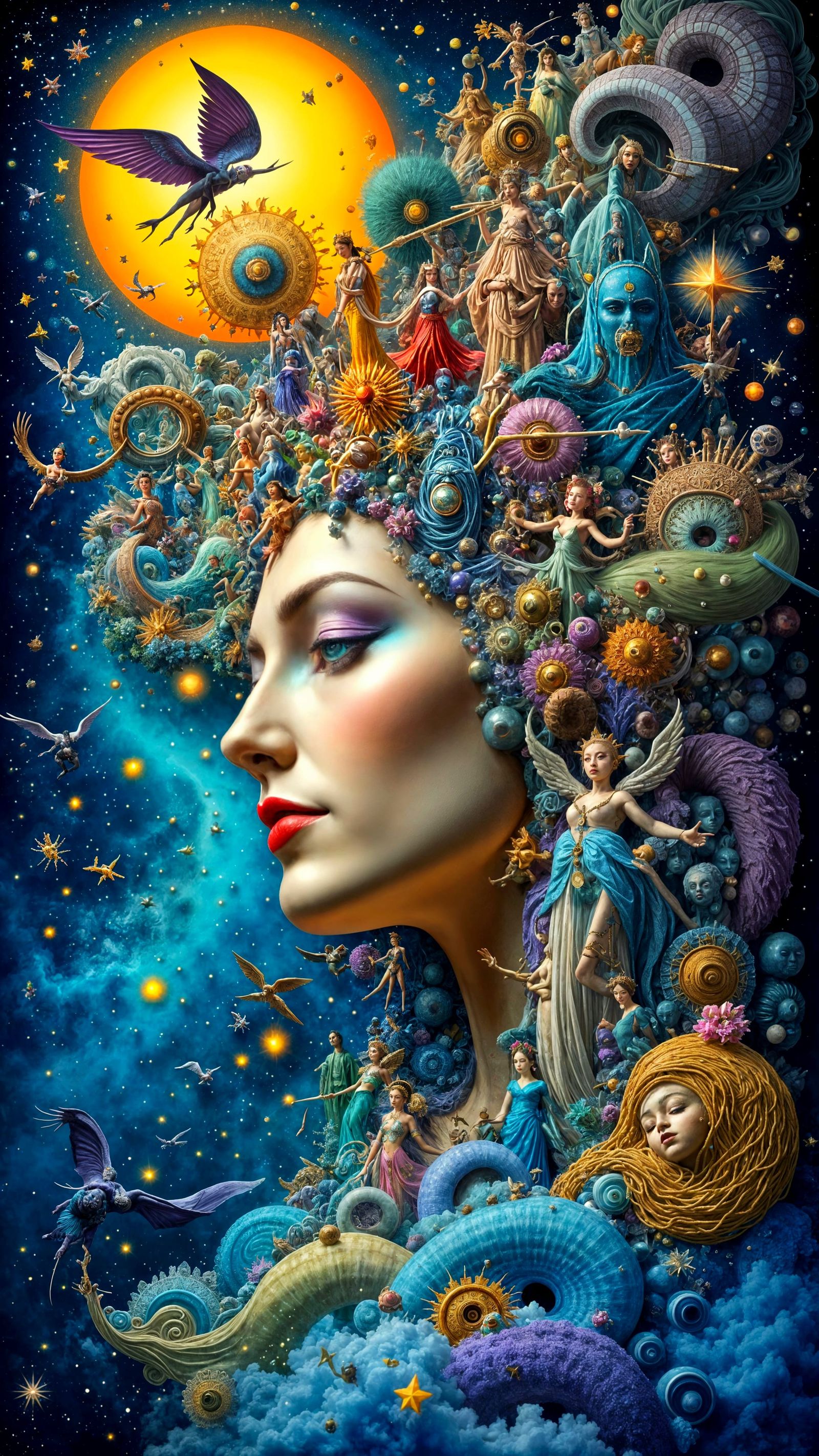 Surreal Goddesses Emerge from a Cosmic Profile God Face