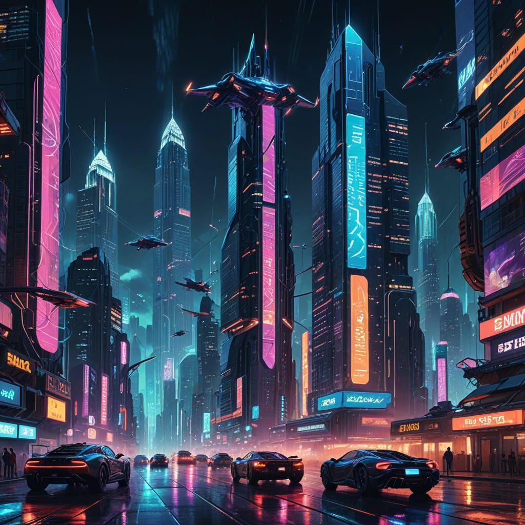 Futuristic City at Night in Comic Book Style