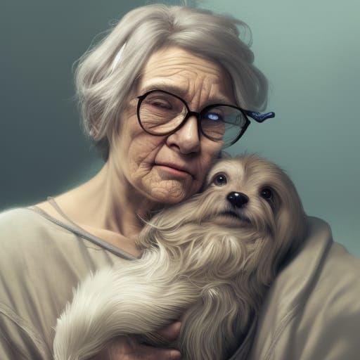 Sleepy Woman and Dog Portrait in Hyperdetailed Style