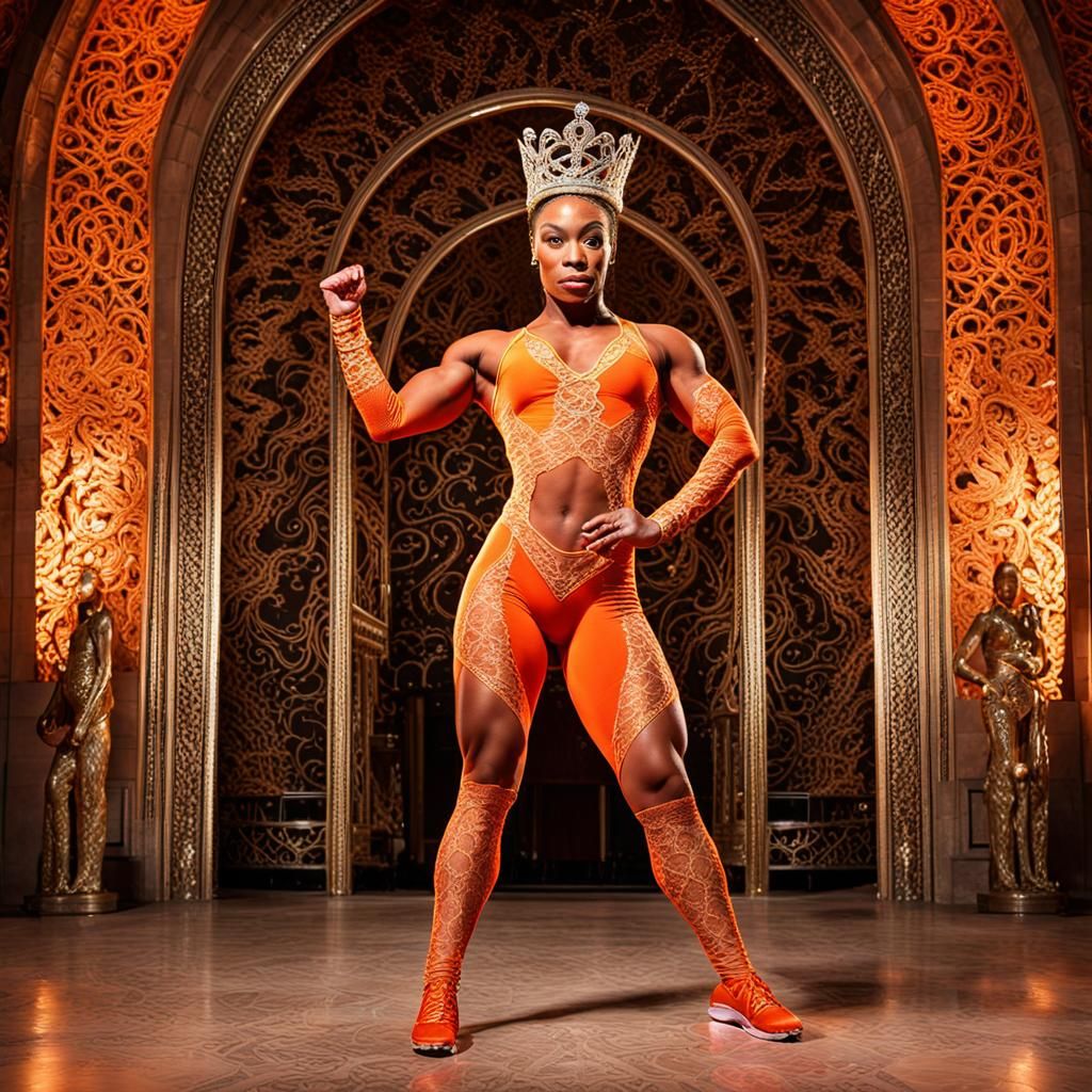 Elegant Lace-Adorned Bodybuilder on Castle Throne