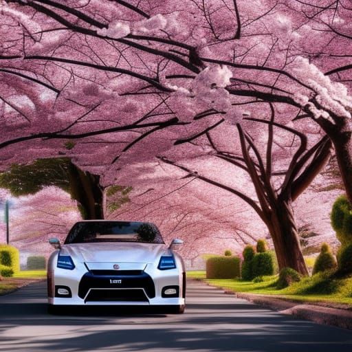 Nissan GTR under Cherry Blossom Tree