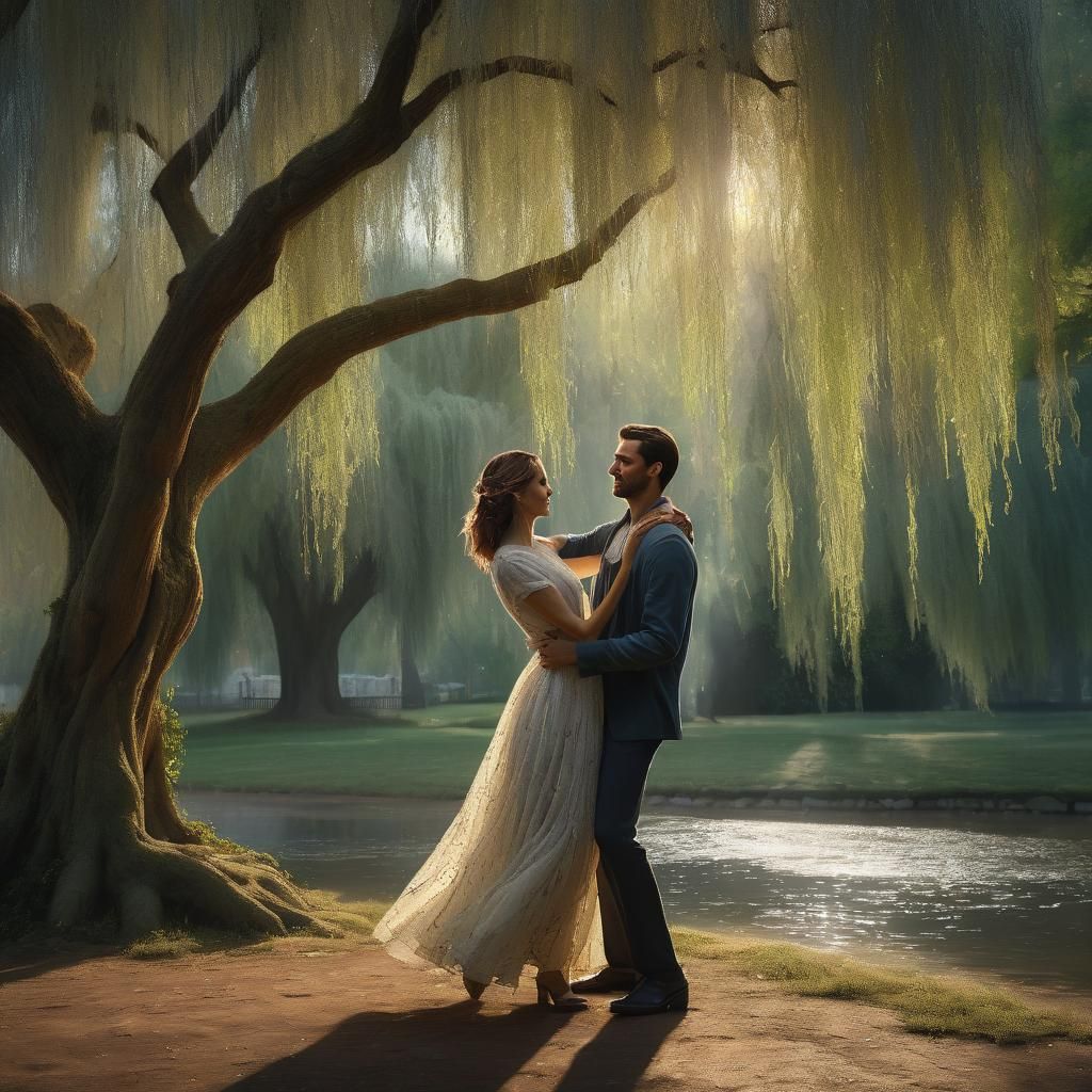 Romantic Couple Dancing Under a Willow Tree