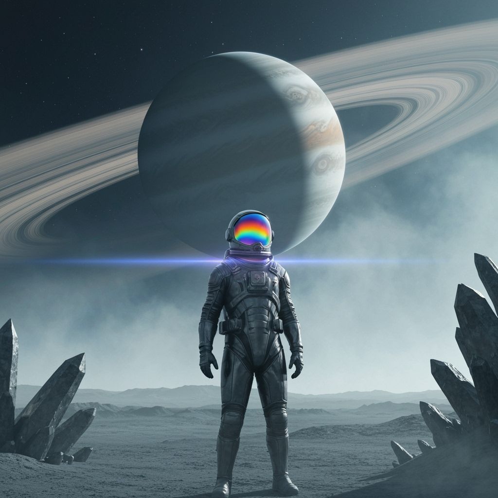 Astronaut on Alien Planet Gazing at Gas Giant