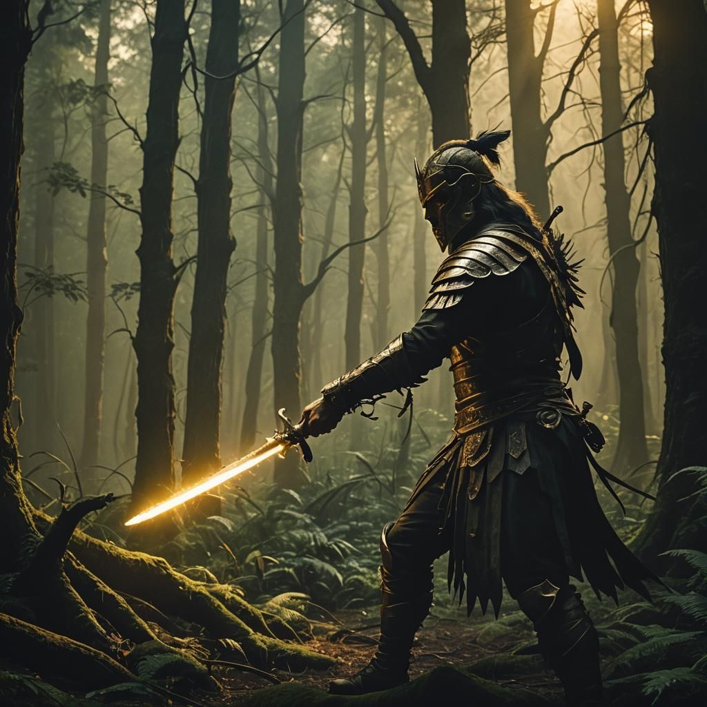 Warrior with Glowing Whip in Dark Fantasy Forest