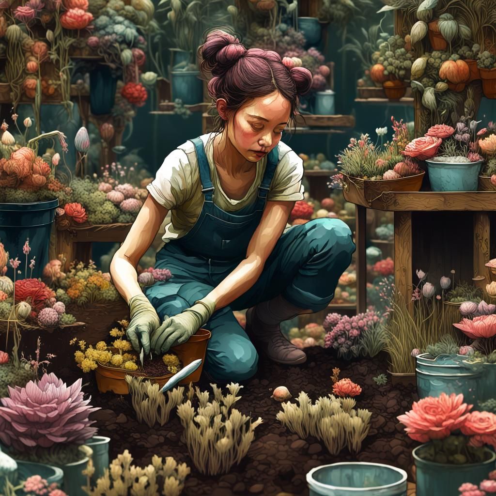 Woman Planting Garden in Hieronymus Bosch Style