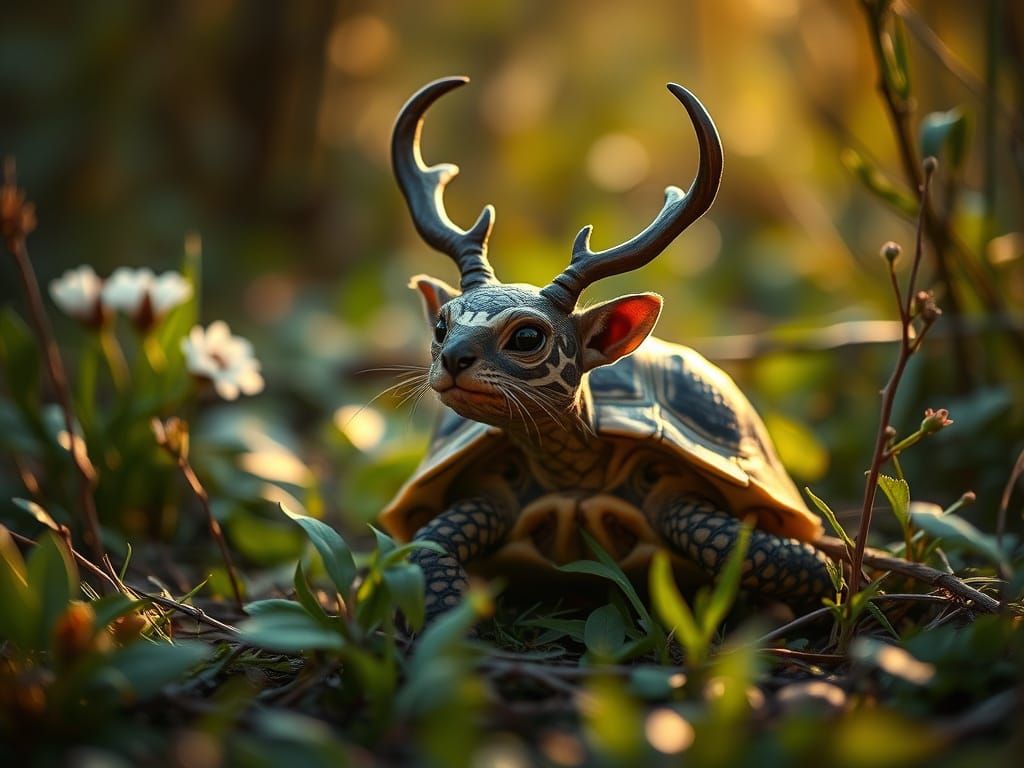 Tiny Tortoise-Cat in Golden Hour Garden