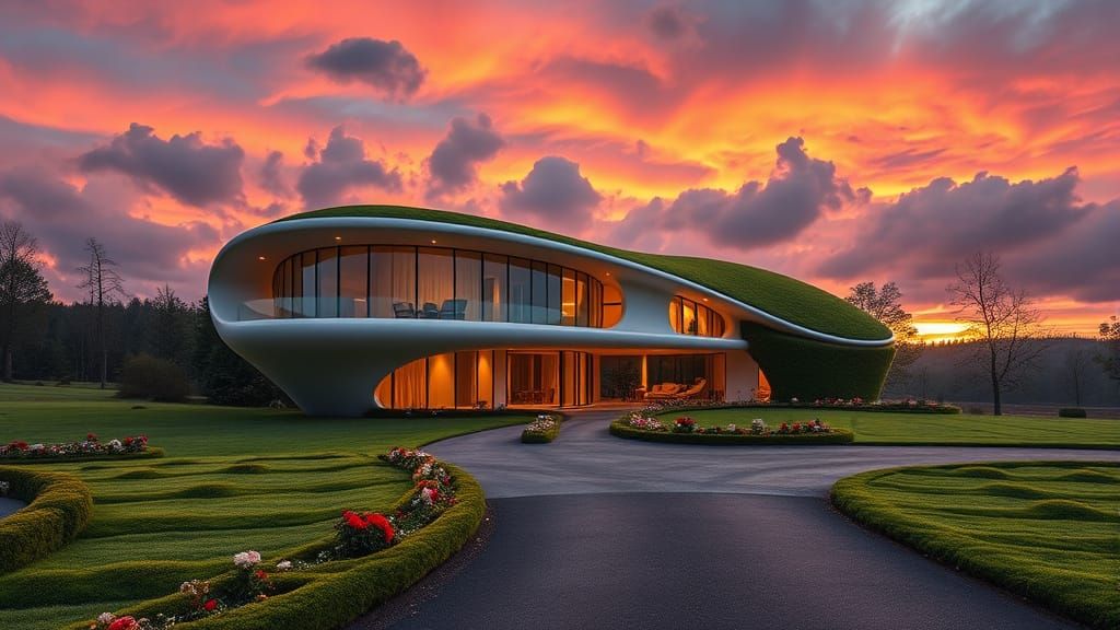 Futuristic Biomorphic House at Sunset in Lush Countryside
