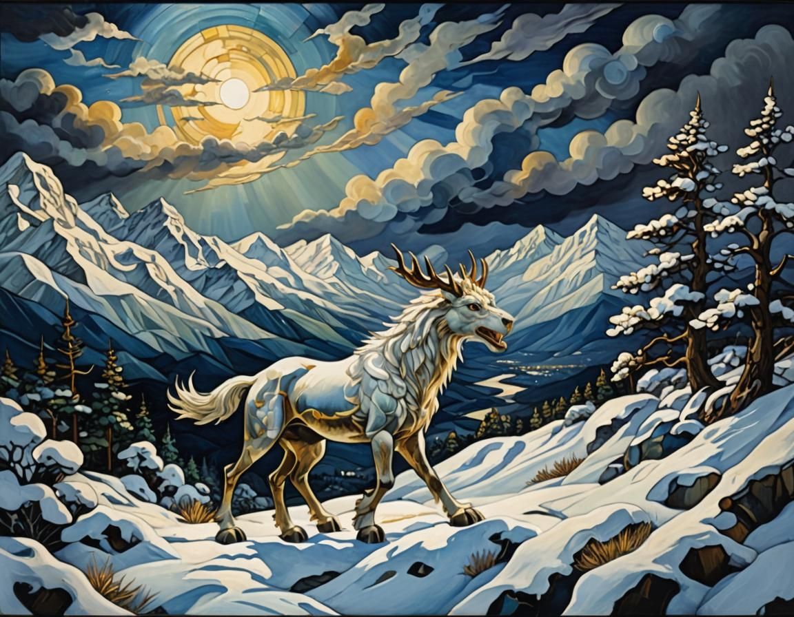 Snowy Griffin in Stained Glass Gouache Landscape