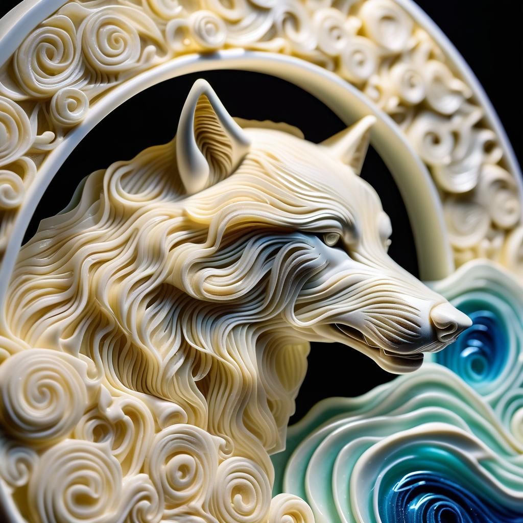 Glowing Wolf Sculpture in Glass Wave