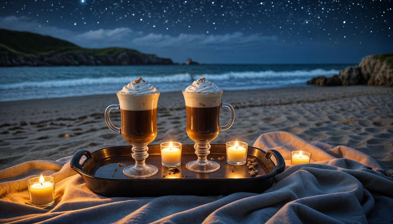 Romantic Irish Coffee on a Starry Beach