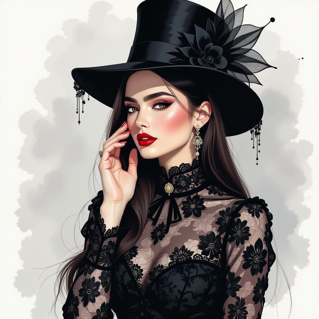 A monochromatic portrait of a woman. She is adorned with a l...