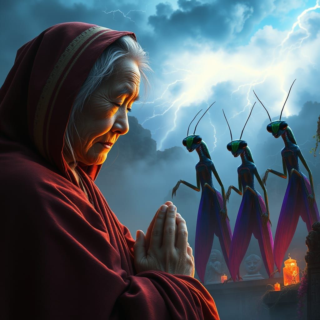 Surreal Gathering of Buddhist Woman and Alien Praying Mantis...