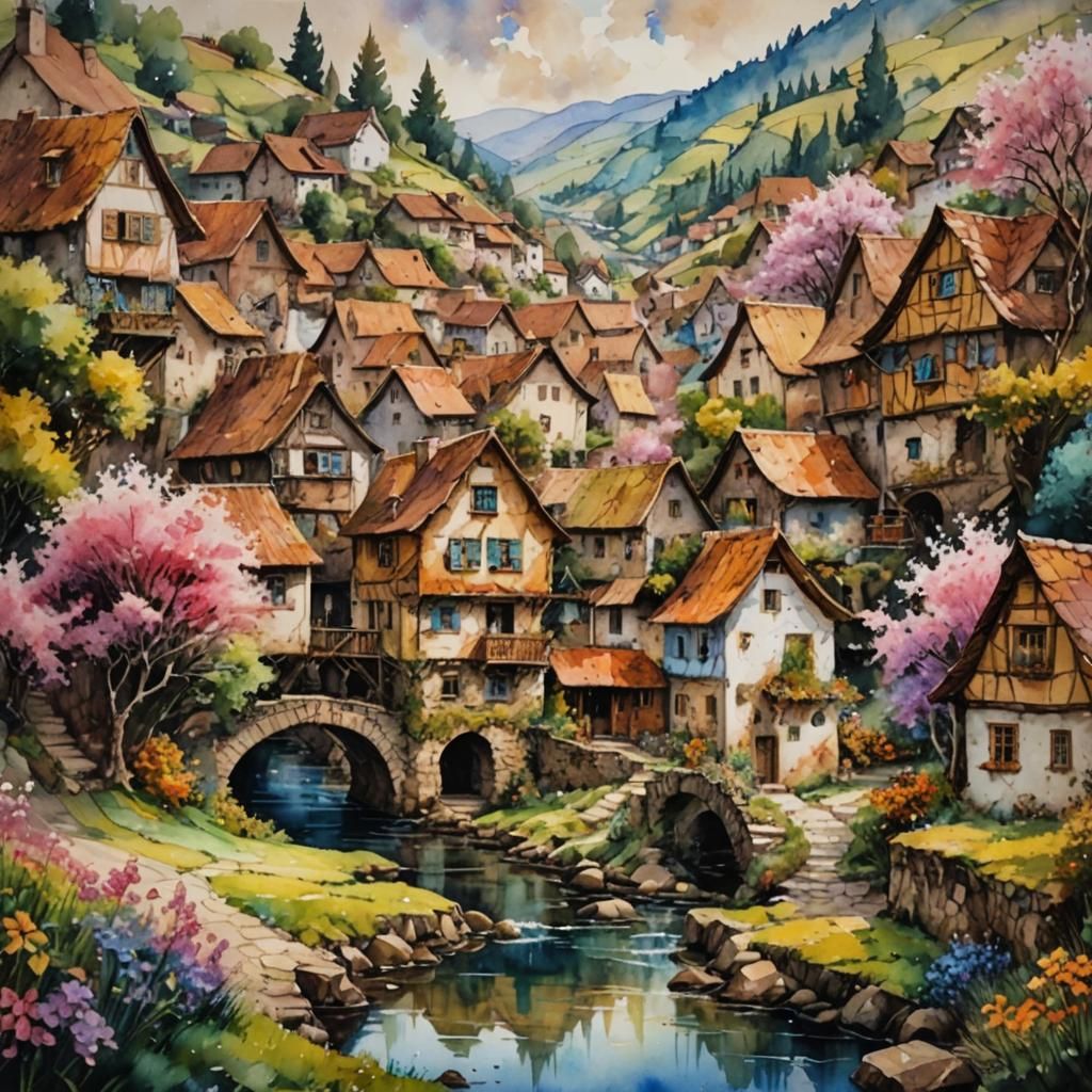Picturesque Village in Folk Art Impasto Style
