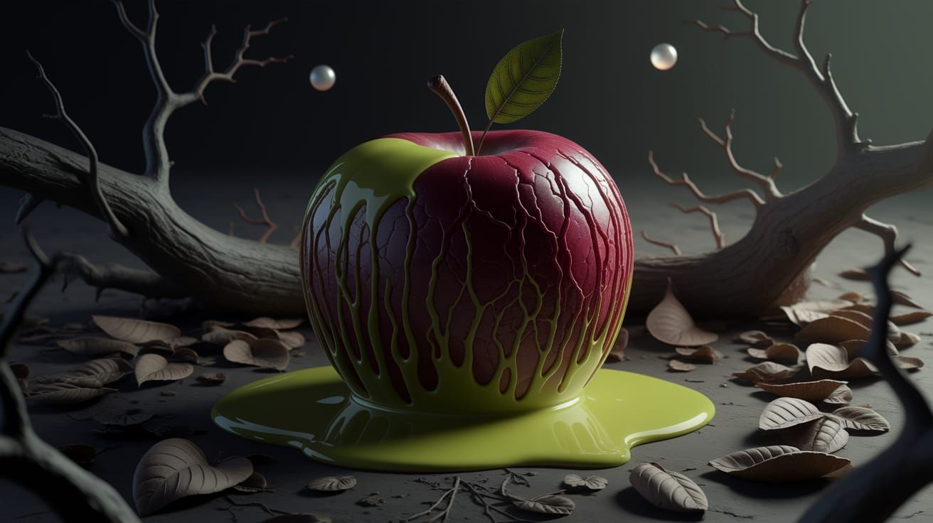 Nightmarish Apple Scene in Dark Gothic Style