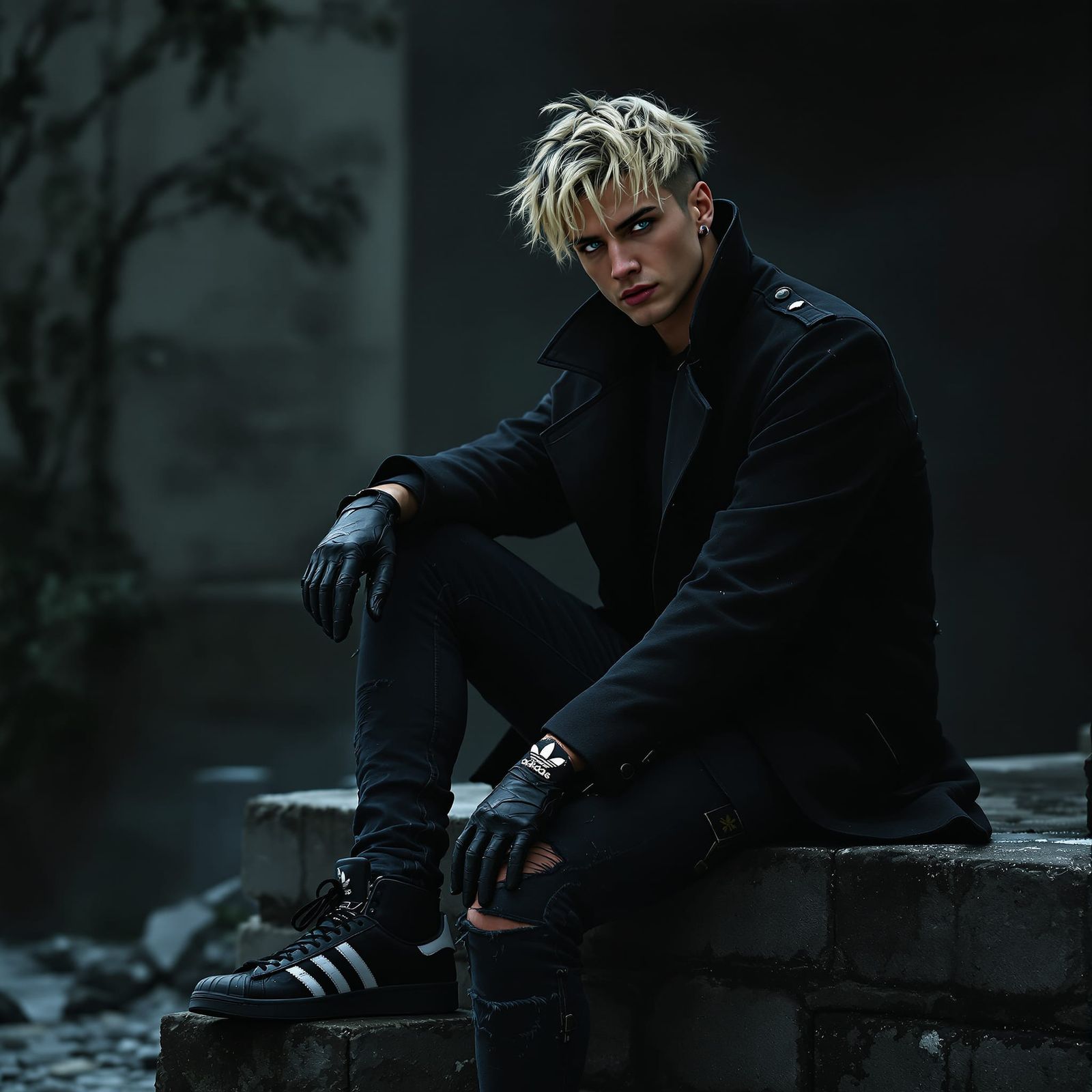 Urban Concept Art: Man in Black Overcoat Sits on Stone Wall