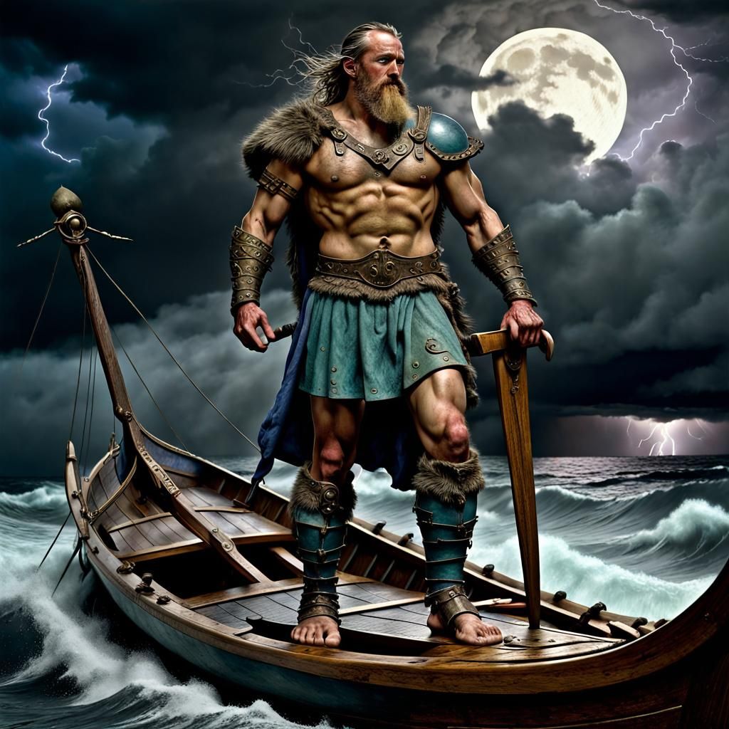 Viking Warrior on Longboat in Digital Baroque Style