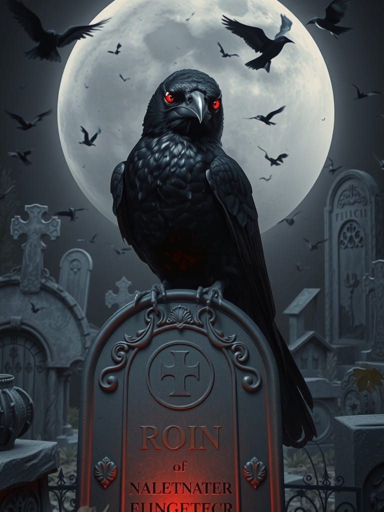 Ethereal Raven perched on Tombstone in Moonlit Cemetery