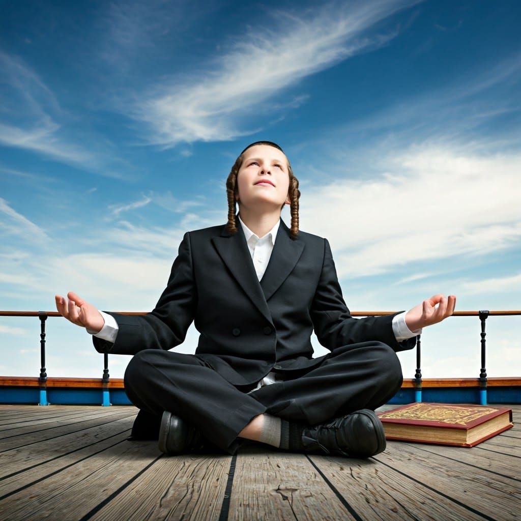 Serene Jewish Boy in Traditional Attire on Ship Deck