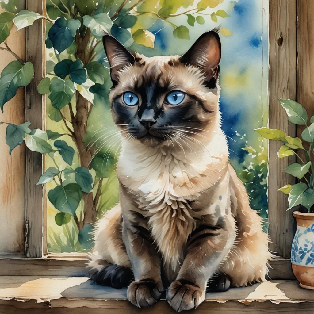 Watercolor Siamese Cat Portrait with Impasto Texture