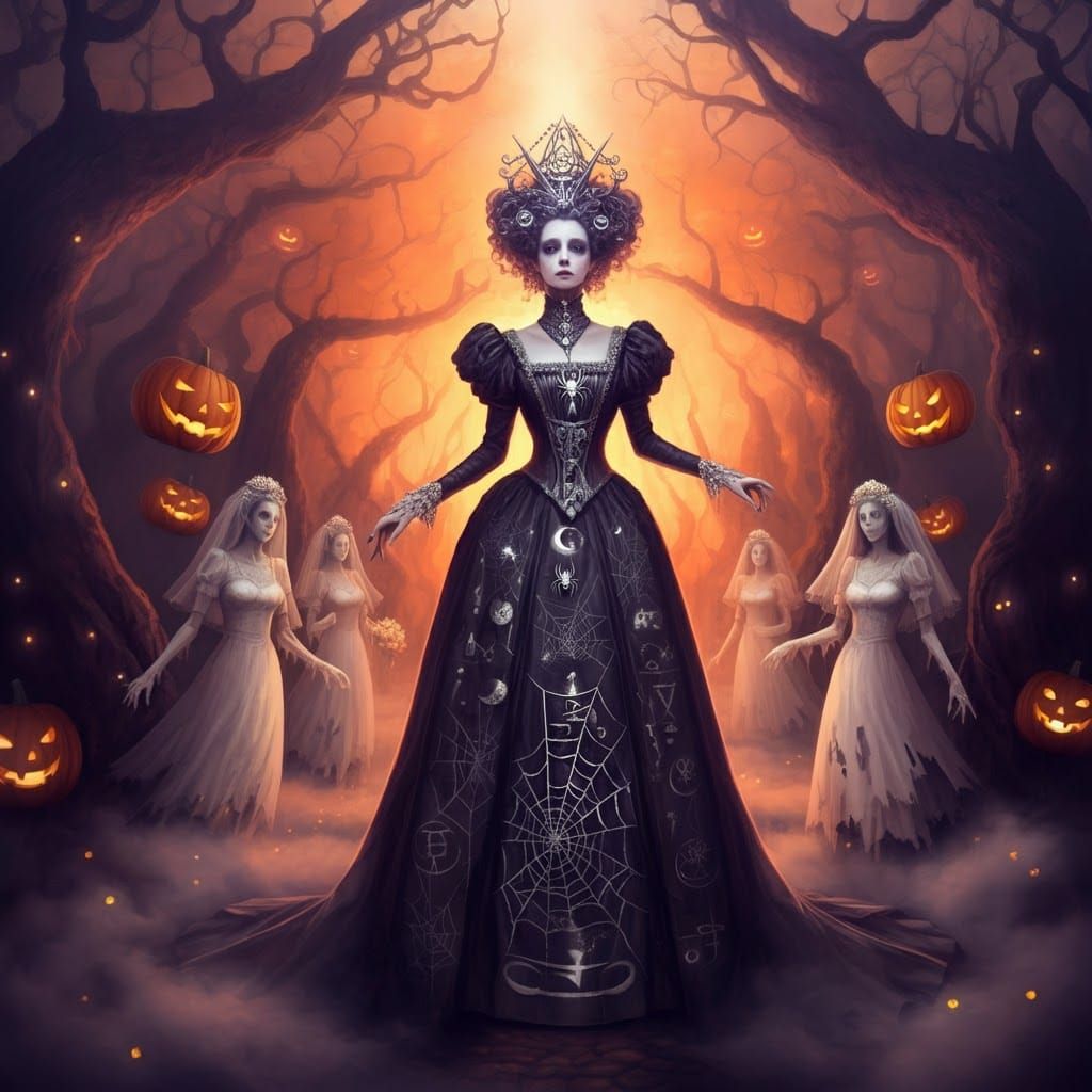 Mystical Sorceress in Victorian Gown with Ghostly Bridesmaid...