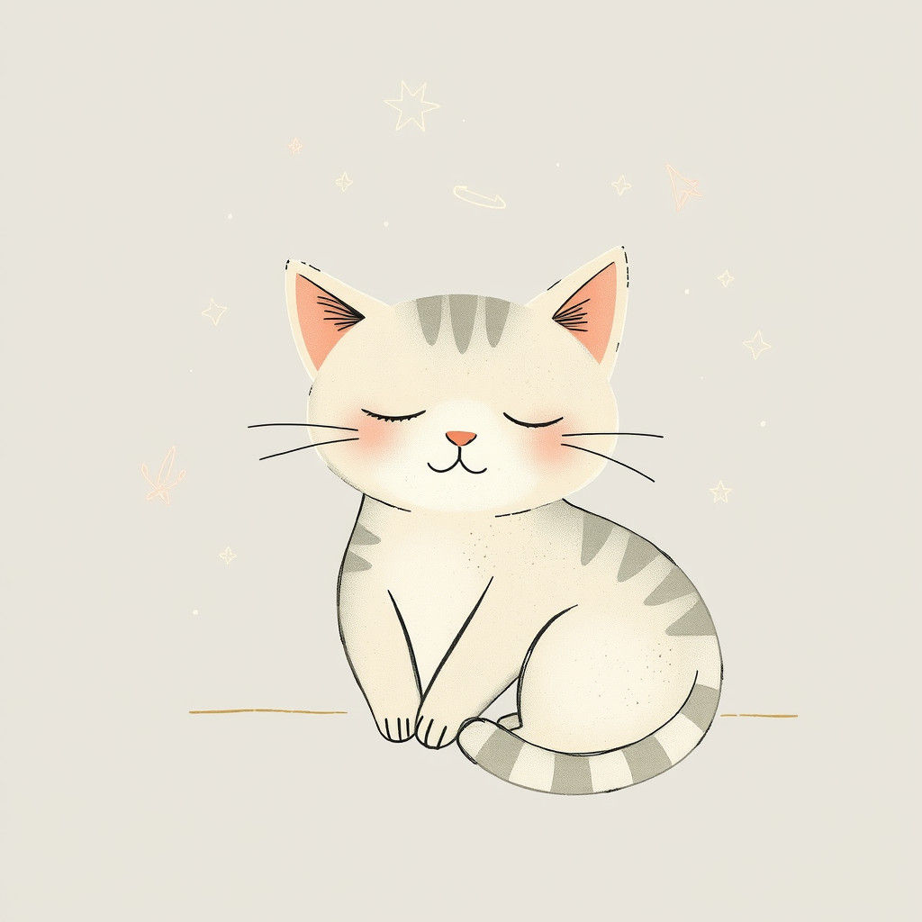 Serene Cat in Dreamy, Whimsical Folk Art Illustration