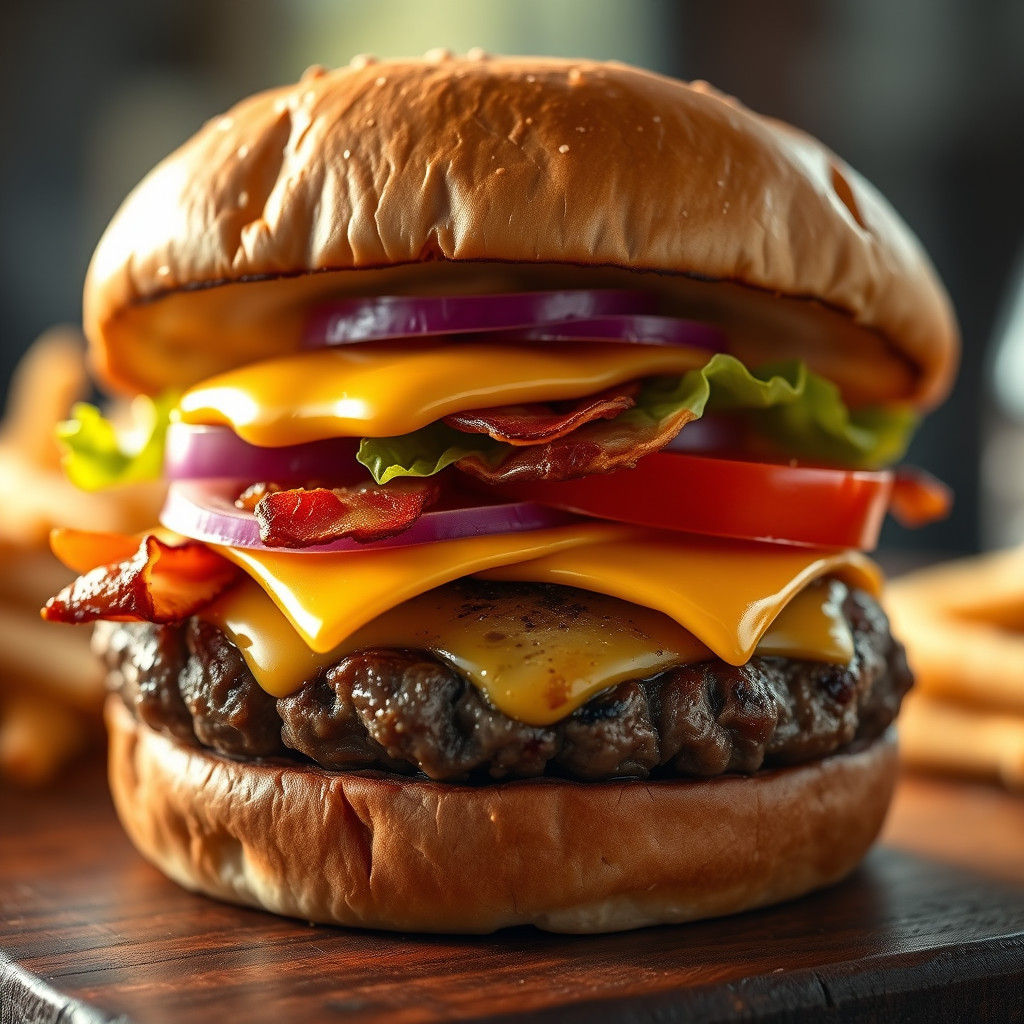 Mouthwatering Photorealistic Burger with Bacon and Cheddar