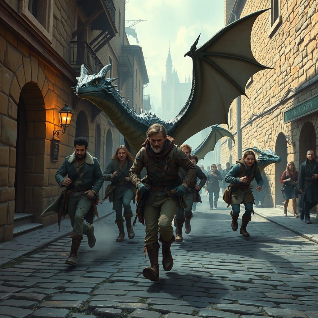Adventurers and Dragons Flee Down Cobblestone Street