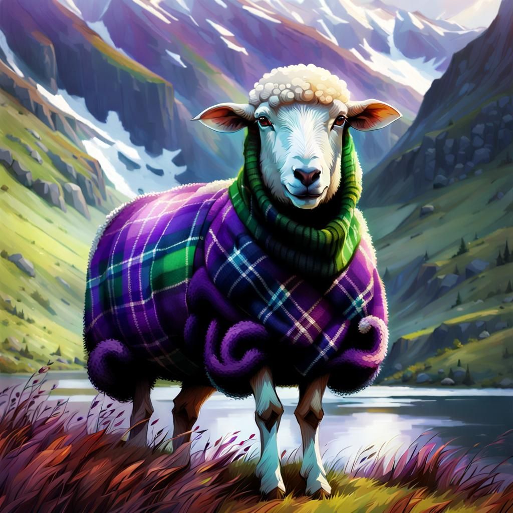 Sheep in Tartan Sweater, Scottish Highlands, Splash Art