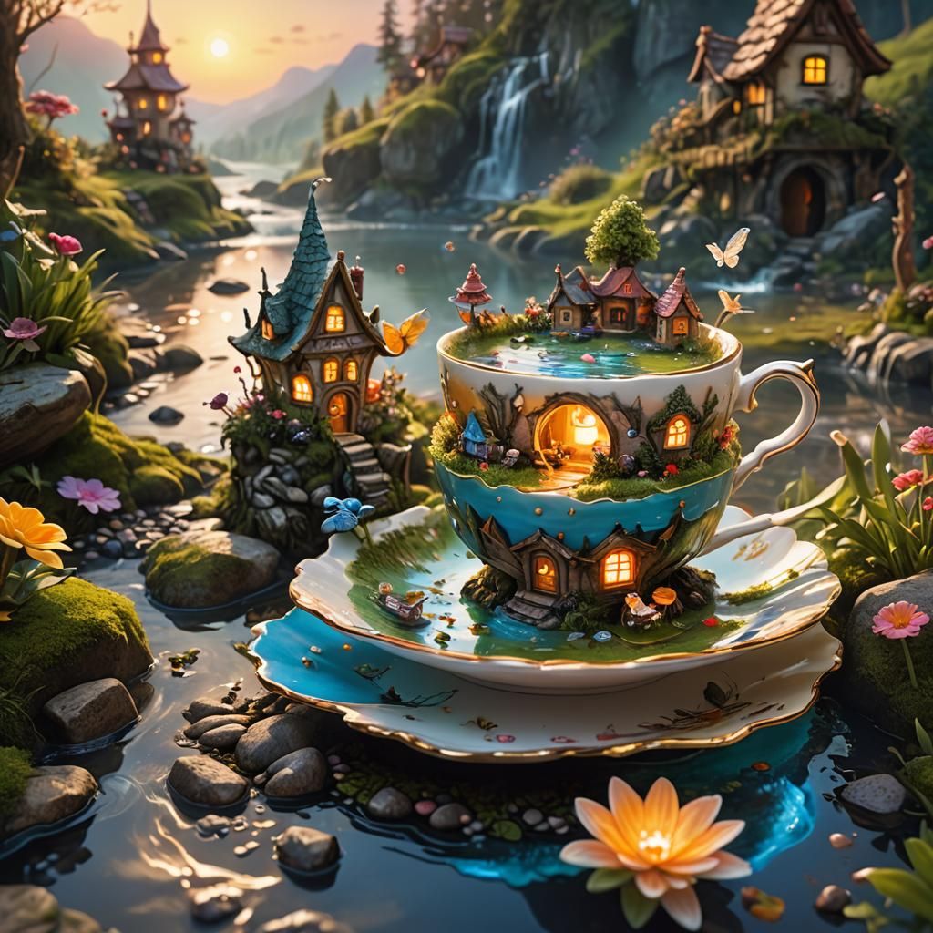 Magical Fairy Village Inside Teacup: Hyperrealistic Splash A...