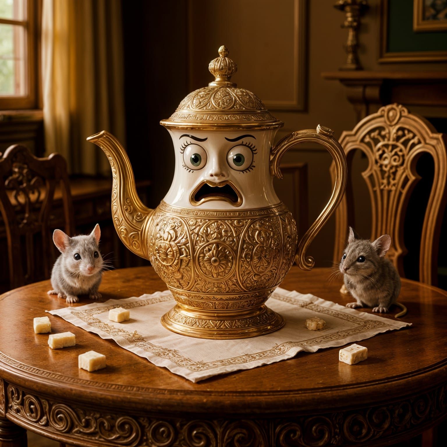 Terrified Art Deco Teapot on Victorian Table